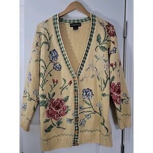 BUSHWACKER Vintage Cottagecore Floral V-neck Button Down Cardigan Sweater Sz M‎